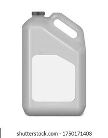 Plastic canister with white blank label, mockup. Jerry can, vector mock-up. Large bottle with handle and screw cap, template for design.