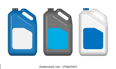 Plastic canister with white blank label, mockup. Jerry can, mock-up. Blue, black, white colors. Large bottle with handle and screw cap. Vector template.