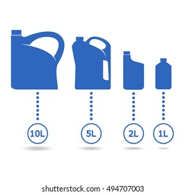 Plastic canisters blue set. Icons for the engine oil cans with different volume
