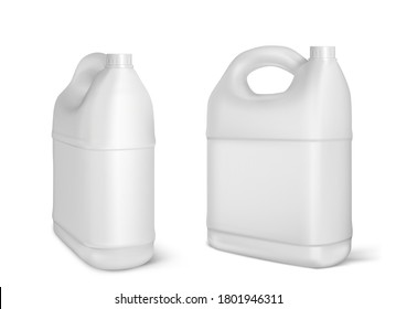 Botellas de plástico, botellas de jerricán blancas aisladas de fondo blanco. Aceite del motor, lubricante del coche o contenedor en blanco de aditivos de gasolina. Elemento de diseño de producto detergente, mockup de vector 3d realista