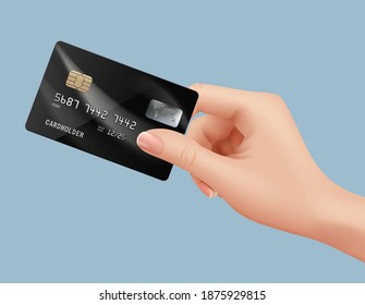 Plastic card in hand. Businessman holding financial banking debit card people nfs paying vector realistic illustrations