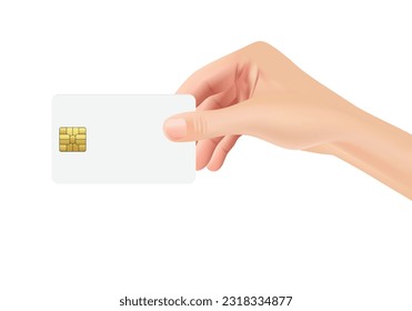 Plastic card in hand on white background. Businessman holding financial banking debit card people nfs paying vector realistic illustrations EPS 10.