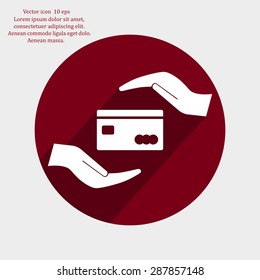 plastic card in hand, web icon. vector design