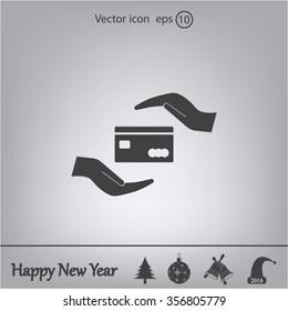 Plastic card in hand, web icon. Vector design