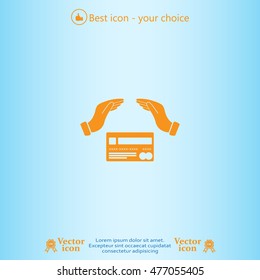 plastic card in hand, web icon. vector design