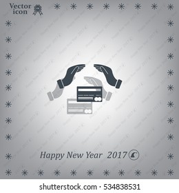 plastic card in hand, web icon. vector design