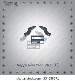 plastic card in hand, web icon. vector design