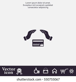 plastic card in hand, web icon. vector design