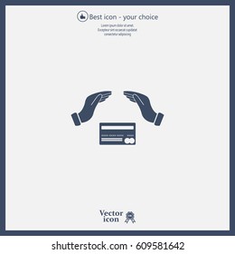 plastic card in hand, web icon. vector design