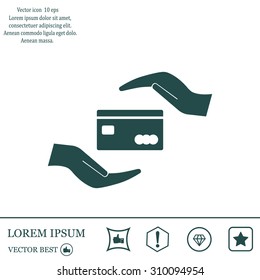 plastic card in hands, web icon. vector design
