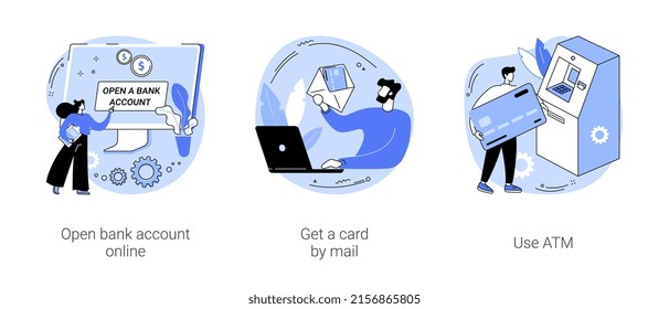 Plastic card holder isolated cartoon vector illustrations set. Open bank account online using laptop, get a card by mail, use ATM, money management, financial literacy vector cartoon.