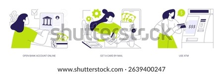 Plastic card holder isolated cartoon vector illustrations set. Open bank account online using laptop, get a card by mail, use ATM, money management, financial literacy vector cartoon.