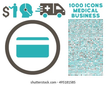 Plastic Card icon with 1000 medical commerce grey and cyan vector pictograms. Design style is flat bicolor symbols, white background.