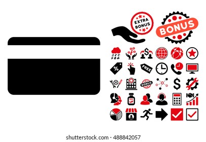 Plastic Card icon with bonus clip art. Vector illustration style is flat iconic bicolor symbols, intensive red and black colors, white background.
