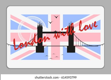 Plastic card with London tower bridge, London Eye and Union Jack vector silhouette.
