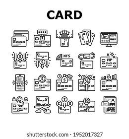 Die Symbole der Kartenzahlungskollektion setzen Vektorgrafik. berührungslose NFC-Kreditkarte und Rücknahme, Schutz des Pin-Codes und Übertragung von Black Contour-Illustrationen