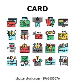 Plastic Card Payment Collection Icons Set Vector. Contactless Nfc System Credit Card And Withdrawal, Pin Code Protection And Transfer Concept Linear Pictograms. Contour Illustrations