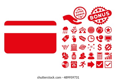 Plastic Card pictograph with bonus elements. Vector illustration style is flat iconic symbols, red color, white background.