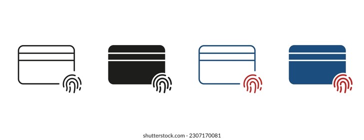 Plastic Card with Thumbprint. Financial Identity by Fingerprint Pictogram. Credit Card with Fingerprint Line and Silhouette Icon Set. Identification Technology Sign. Isolated Vector Illustration.