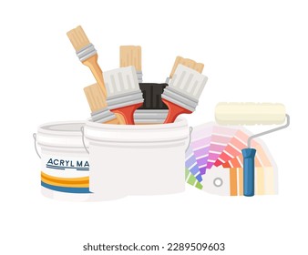 Plastic or cardboard color palette guide with brushes and paint roller vector illustration on white background