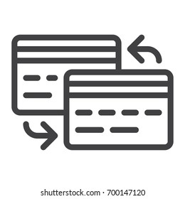 Plastic cards with arrows around line icon, outline vector sign, linear style pictogram isolated on white. Card exchange symbol, logo illustration. Editable stroke. Pixel perfect vector graphics