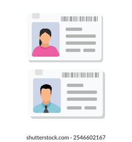 Plastic cards with male and female photo isolated on white background. ID cards or car driver licenses. Vector