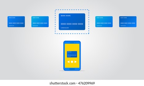 Plastic cards and mobile phone vector illustration. Mobile credit cards vector illustration. Credit cards with mobile phone creative concept. Electronic money app icon graphic design.