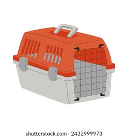 Plastic carrier box for cats and dogs. A shipping box for traveling with pets. A pet care item. A flat vector illustration isolated on a white background.