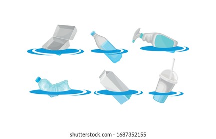 Plastic and Carton Trash Floating in the Ocean Vector Set