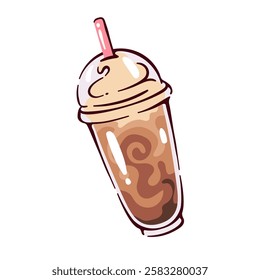 Plastic cartoon cup with coffee cocktail, dome cap and straw. Funny takeaway cup with layers of beverage, whipped cream swirl. Summer dessert mascot, cartoon cute coffee with milk vector illustration