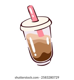 Plastic cartoon cup with coffee cold drink and straw. Funny transparent container with flat lid and milkshake, chocolate. Drink mascot, cartoon cute package of coffee with milk vector illustration