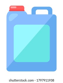 Plastic cartoon square blue canister with red lid. Container for storing liquids, chemicals. Liquid detergent for floors or utensils. Hazardous to nature detergents. Flat image isolated on white