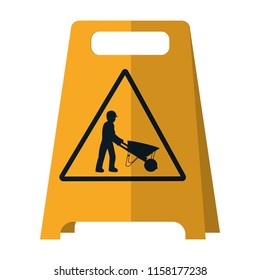 plastic caution emblem and laborer with wheelbarrow