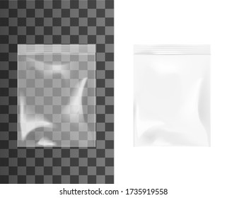 Plastic Or Cellophane Zip Bag, Realistic Isolated 3d Vector Mockup. Empty Transparent Pouches With Zippers. Waterproof Disposable Blank Plastic Package Mockup, Cellophane Or Polythene Zip Bag