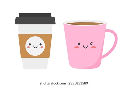 Plastic and ceramic mugs in kawaii style. Vector illustration. Isolated on white background.