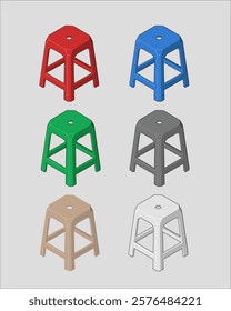 Plastic chair or Plastic stool in isometric vector image with different color. suitable for food or streetfood content, cafe and cafetaria, furniture, design, sticker, etc