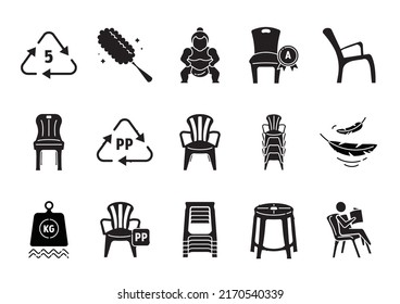 Plastic Chairs Glyph Icon Set With Benefits Such As Good Quality, Easy To Clean, Tough, Stackable And Relaxing