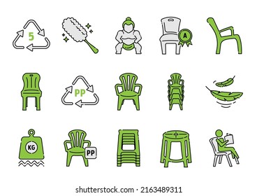 plastic chairs icon set with benefits such as good quality, easy to clean, tough, stackable and relaxing