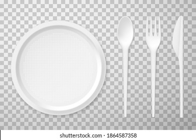 Plastic circular plate, spoon, fork, knife realistic set. Disposable plastic dinnerware for wedding, party. BBQ, travel white dishes, cutlery. Event supplies. Vector collection isolated on transparent