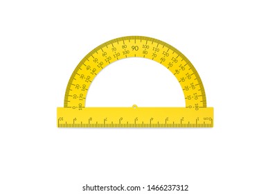 Plastic circular protractor with a ruler in metric units.