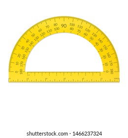 Plastic circular protractor with a ruler in metric and imperial units.