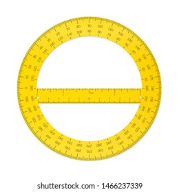 Plastic circular protractor with a ruler in metric and imperial units.