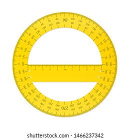 Plastic circular protractor with a ruler in metric units.