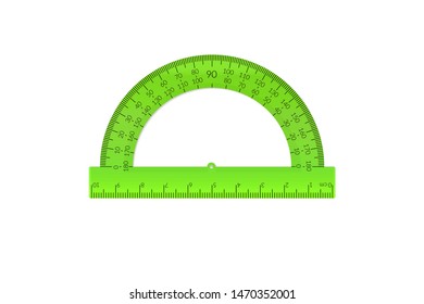 Plastic circular protractor with a ruler in metric units.