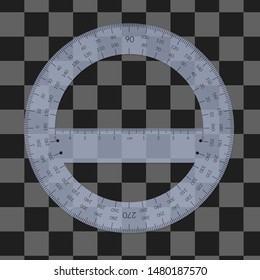 Plastic circular protractor with a ruler in metric units.