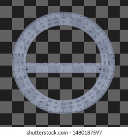 Plastic circular protractor with a ruler in metric and imperial units.