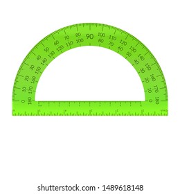 Plastic circular protractor with a ruler in metric and imperial units.