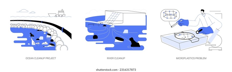 Plastic clean up abstract concept vector illustration set. Ocean cleanup project, cleaning river from rubbish, microplastics problem, ecosystem contamination, environmental problem abstract metaphor.