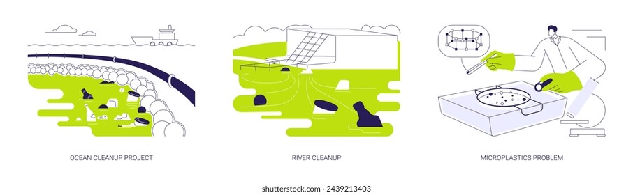 Plastic clean up abstract concept vector illustration set. Ocean cleanup project, cleaning river from rubbish, microplastics problem, ecosystem contamination, environmental problem abstract metaphor.