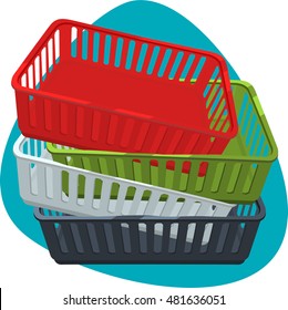 Plastic clean web tray pile. Red, green, white and gray trays.